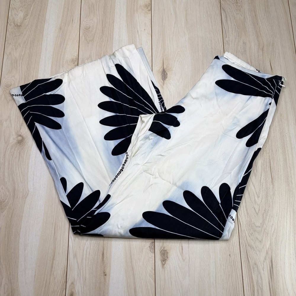 Trina Turk Womens Wide Leg Oversized Botanical Leaf Pants White Blue Size 4